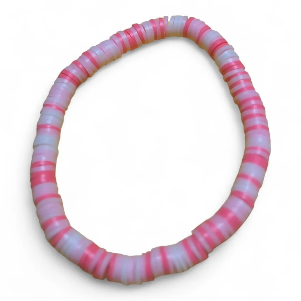 Handmade Bracelet Clay Beads Pink White Hand Crafted Stretchy NEW